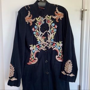 Johnny Was Embroidered Longline Corduroy Coat